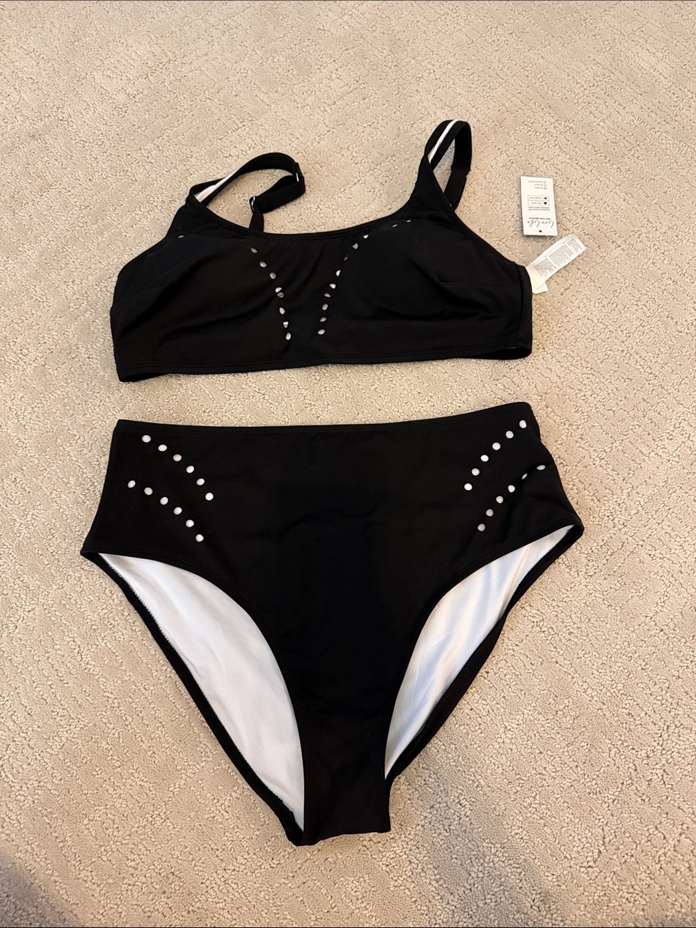 Cupshe Black High-Waist Two-Piece Bikini with Dot Cutouts- Size XL